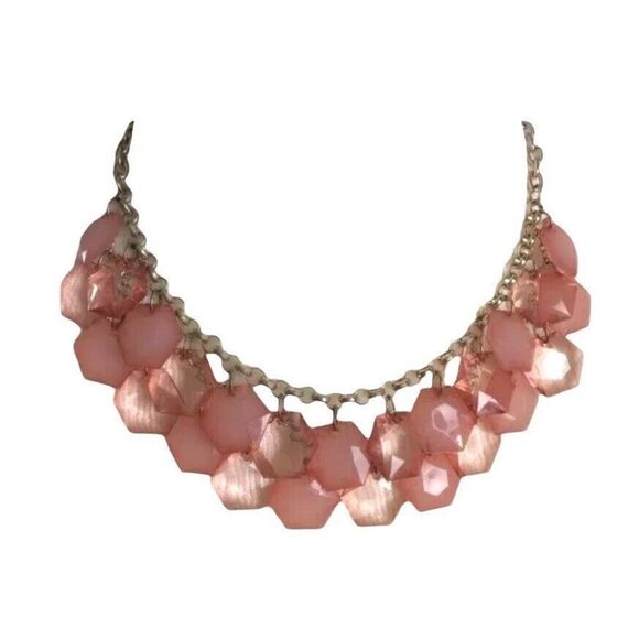 Peachy Pink Statement Necklace 19in Two Row Opaque Translucent Acrylic Beads - Picture 11 of 11